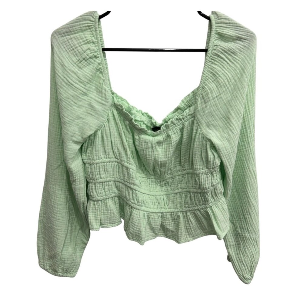 Wild Fable Light Green Long Sleeve Ruffled Cropped Top Sz L Smocked Cottagecore